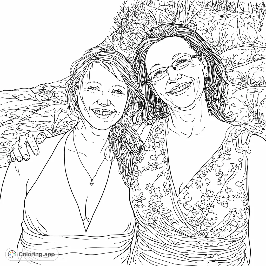 Capture a heartwarming moment with this portrait coloring page featuring two smiling women, elegant dresses, a tiara, and a natural rocky background.