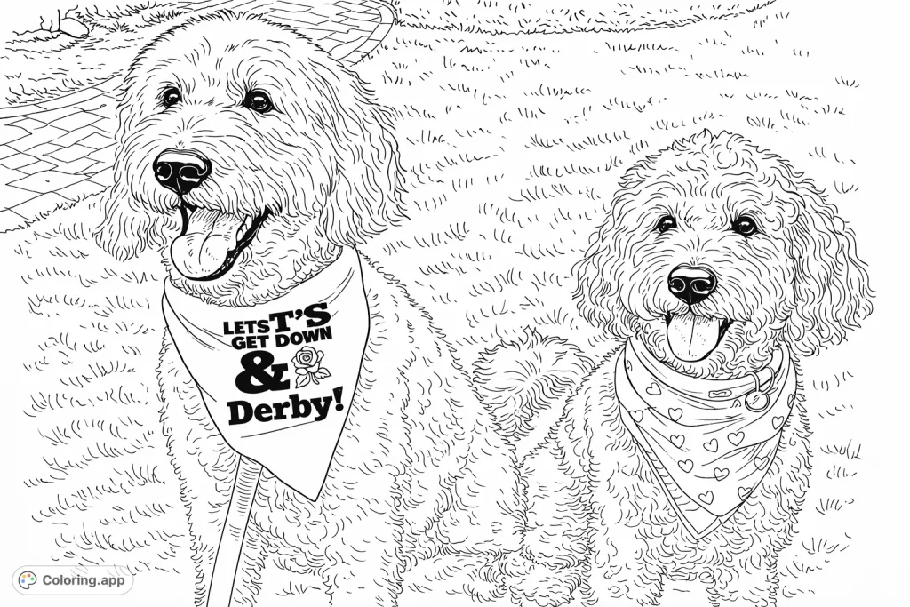 Two charming dogs, a doodle duo, sit happily on the grass with their bandanas. A delightful scene perfect for dog lovers of all ages to color and enjoy.