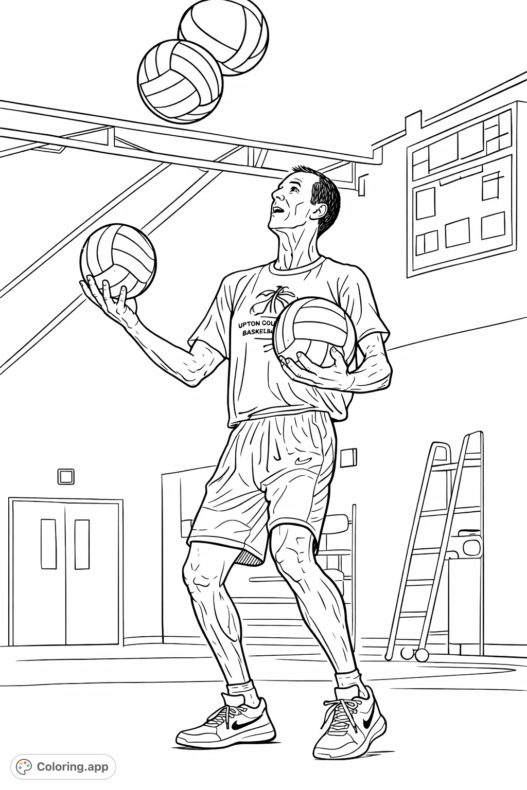 A dynamic sports scene featuring a focused athlete expertly juggling multiple volleyballs in a gym. Perfect for sports enthusiasts and those who enjoy action-packed pages.