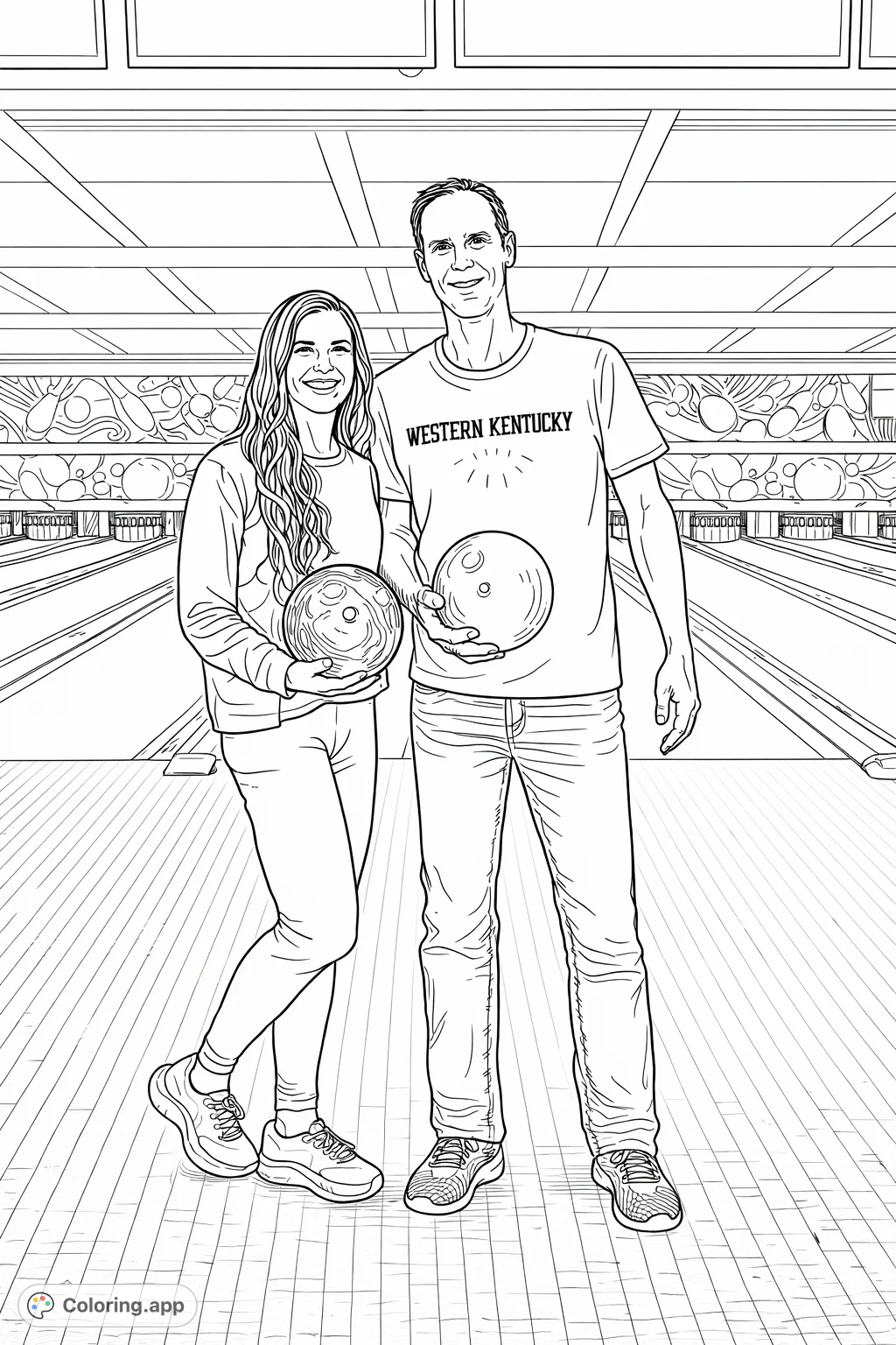 Strike up some fun with this bowling alley coloring page! Featuring two happy bowlers ready to roll, complete with pins and lanes.