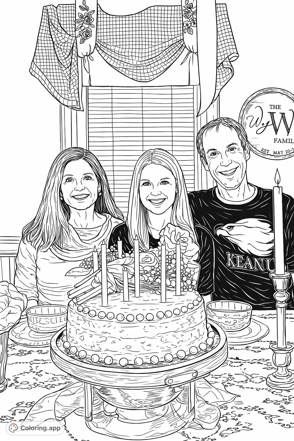 A joyful family celebration scene featuring three smiling individuals, a festive cake with candles and flowers, set at a decorated dining table.