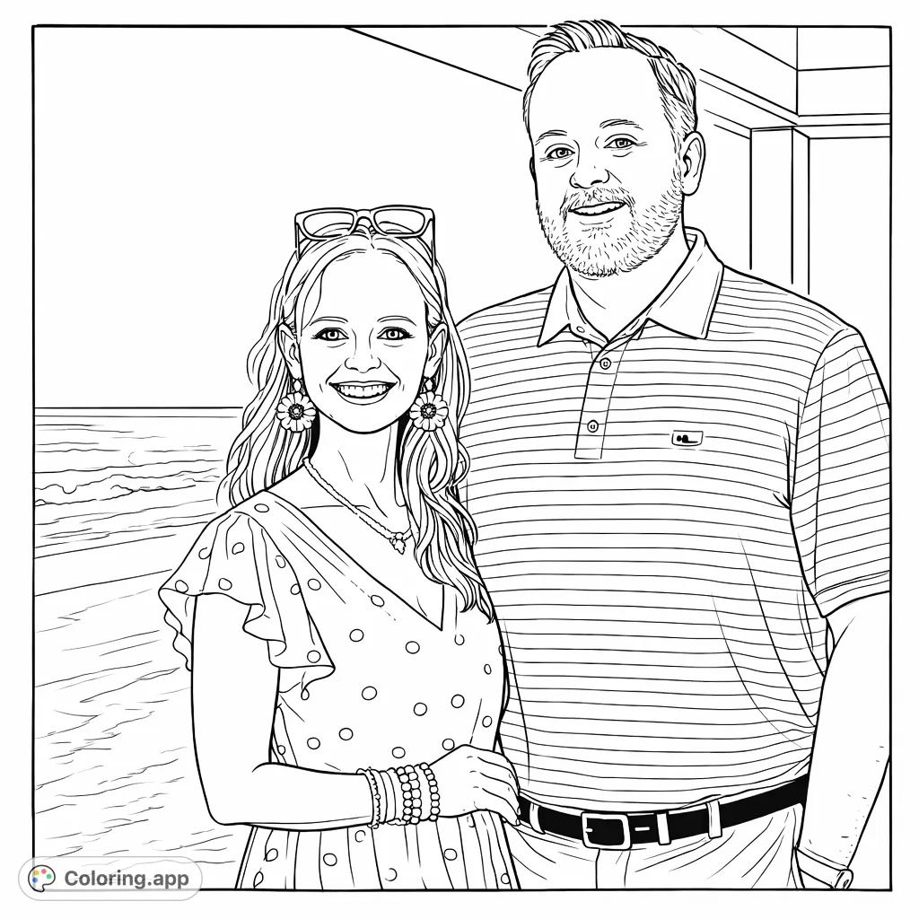 Capture a joyful couple on a coastal porch overlooking the ocean and sandy beach. Features intricate patterns on attire, accessories, and a serene background.