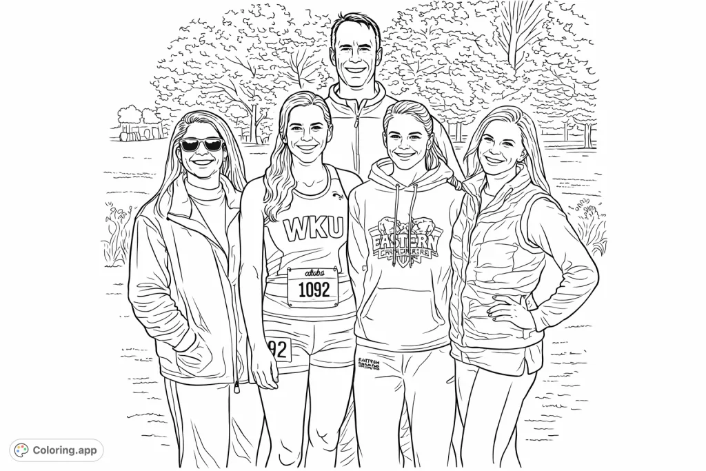 Capture the joy of a cross-country event with this group of smiling runners and supporters! A perfect active lifestyle coloring page for all ages.