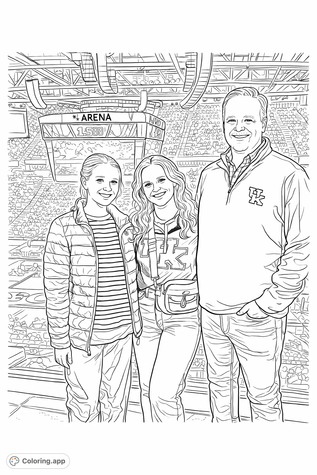 Join this happy family at a bustling arena! A dynamic scene featuring three smiling individuals with a detailed stadium background, perfect for sports fans.