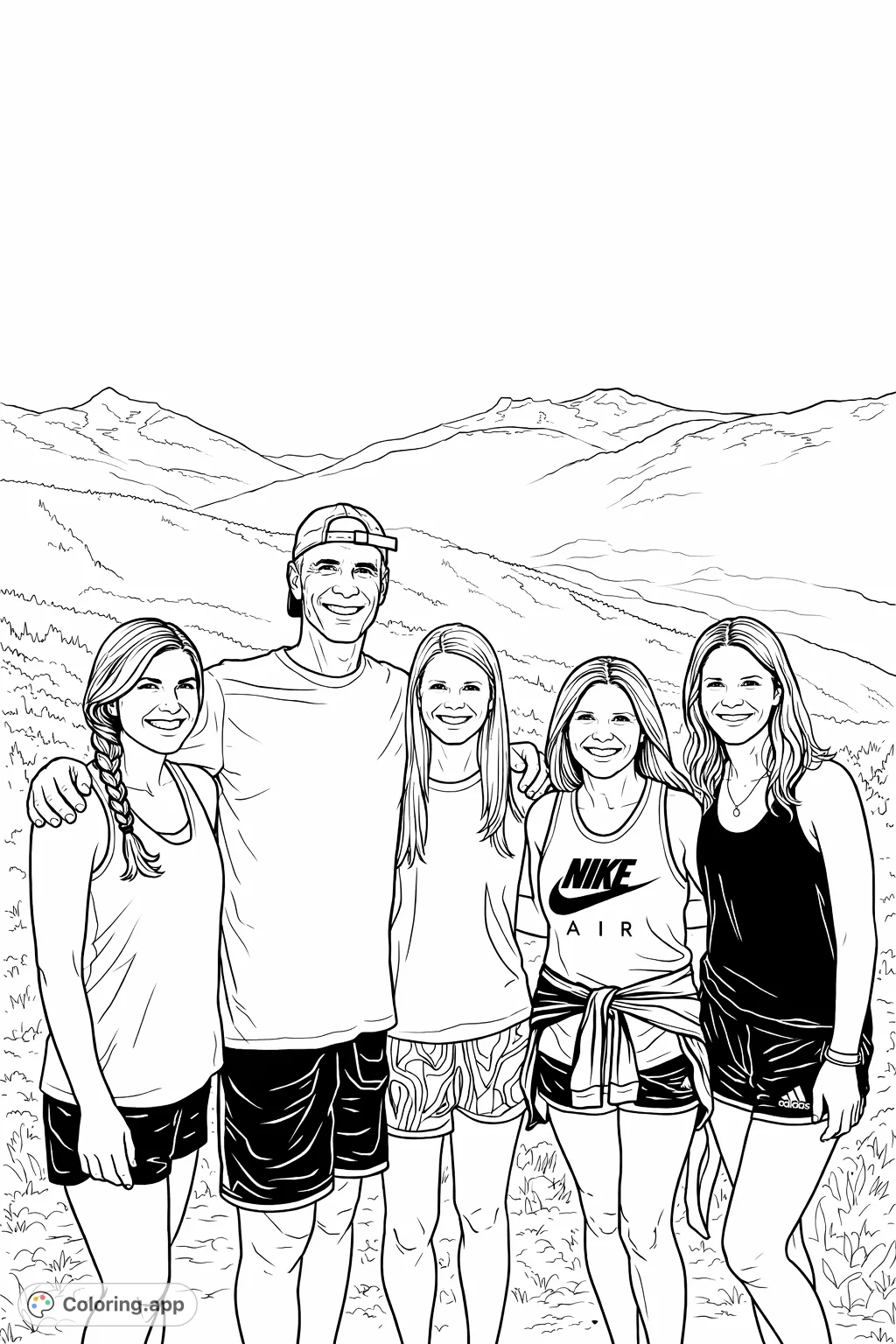 A joyful family stands together on a mountain overlooking a scenic vista. This heartwarming family coloring page is perfect for capturing special moments.