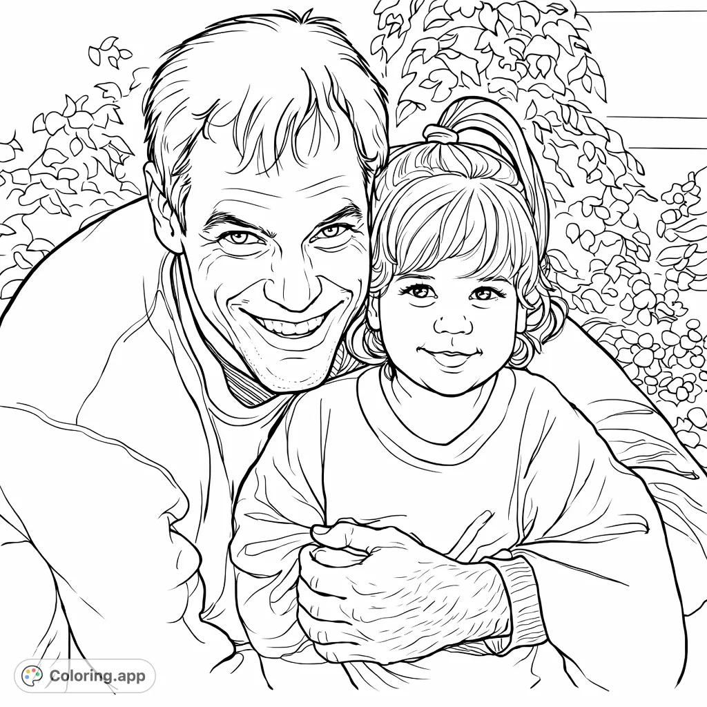 Capture a heartwarming moment between a smiling father and his child. A perfect family coloring page celebrating love, connection, and cherished memories.