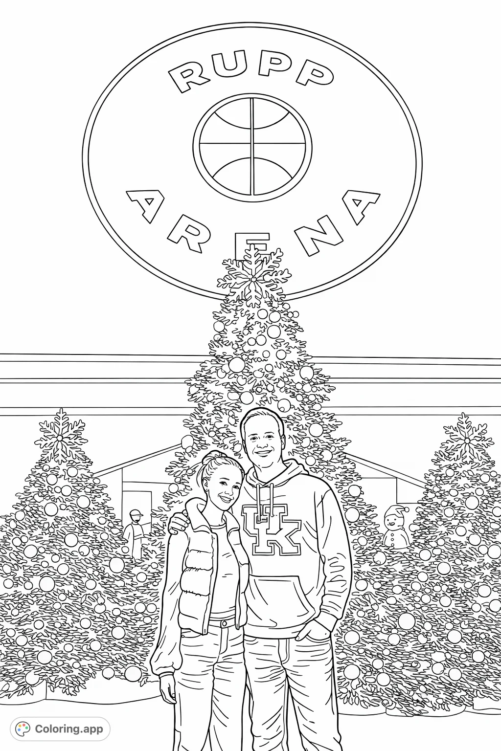 A heartwarming scene of a man and young woman smiling amidst festive Christmas trees in an arena, under a prominent "Rupp Arena" sign.