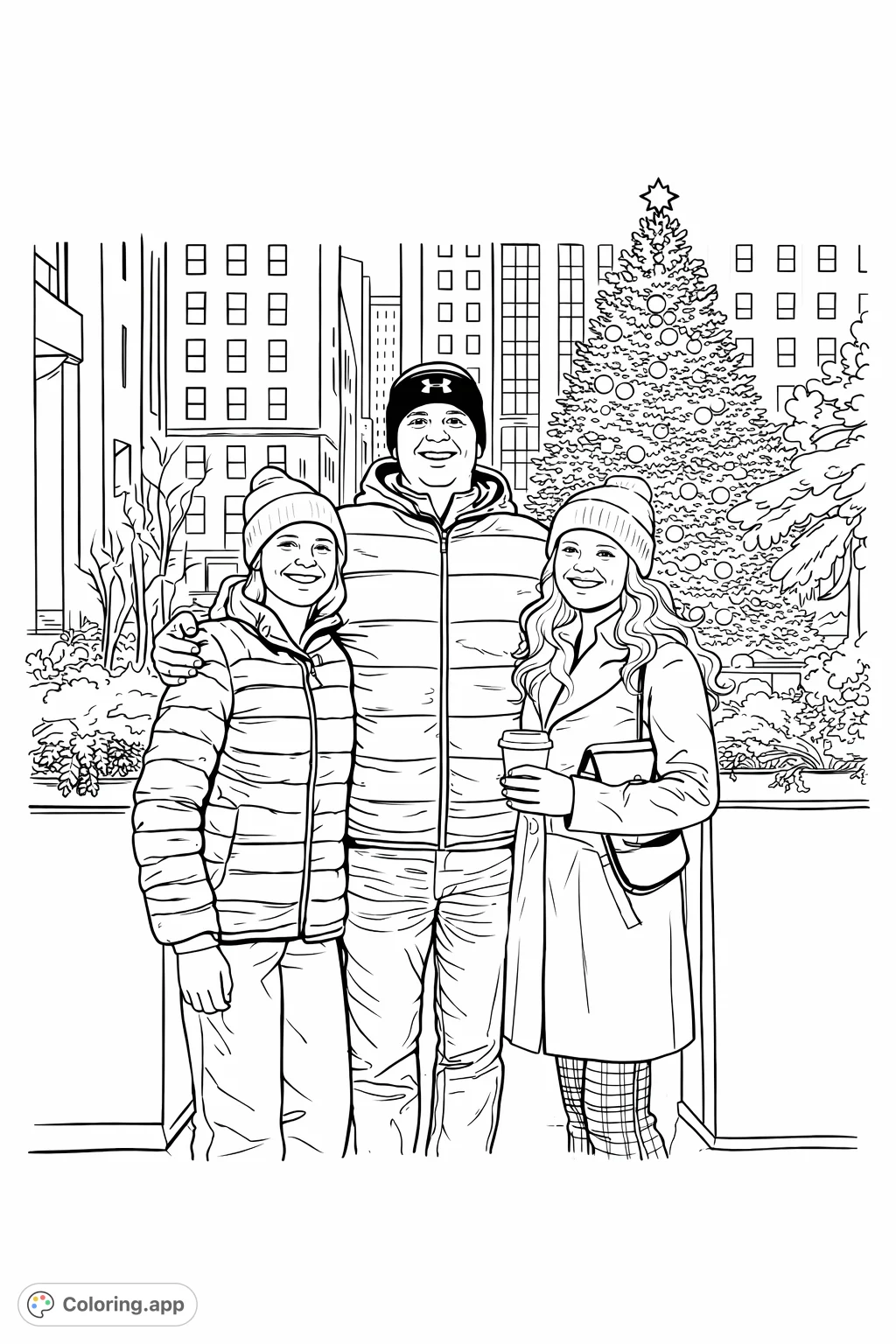Capture a heartwarming family moment in a bustling winter cityscape, complete with a grand decorated tree and architectural details. A festive scene!