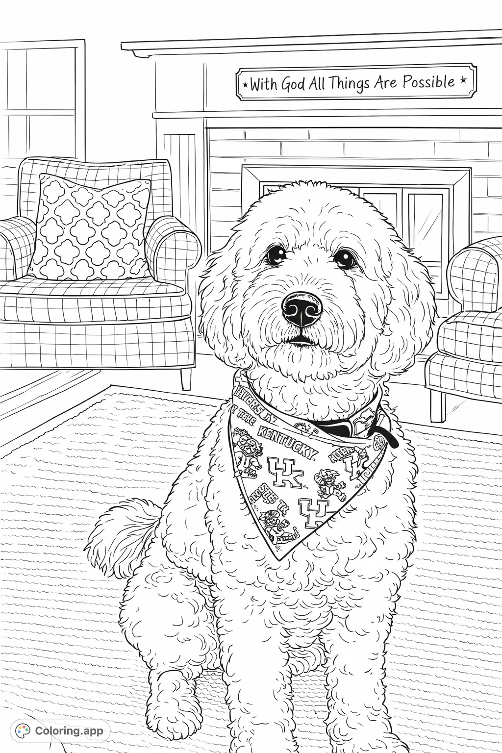 Color a delightful fluffy dog with a patterned bandana, sitting in a cozy living room amidst patterned armchairs and a detailed fireplace.