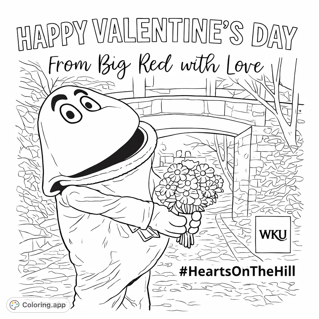 A charming, blob-like mascot holds a lovely flower bouquet, standing before a scenic bridge. A festive and heartwarming coloring page.