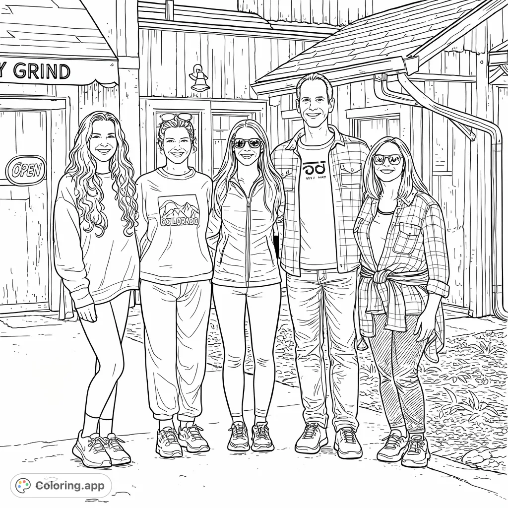A heartwarming coloring page featuring five friends posing happily outside a charming rustic storefront. Perfect for celebrating connections and outdoor moments.