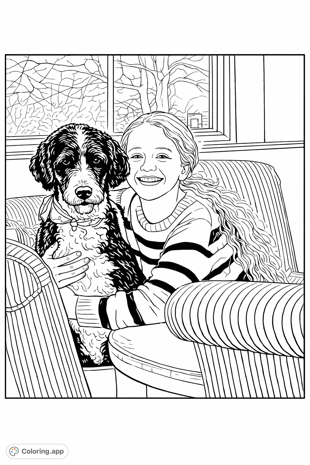 A heartwarming scene of a smiling girl embracing her fluffy dog in a cozy indoor setting. Capture their special bond and the warmth of their friendship.