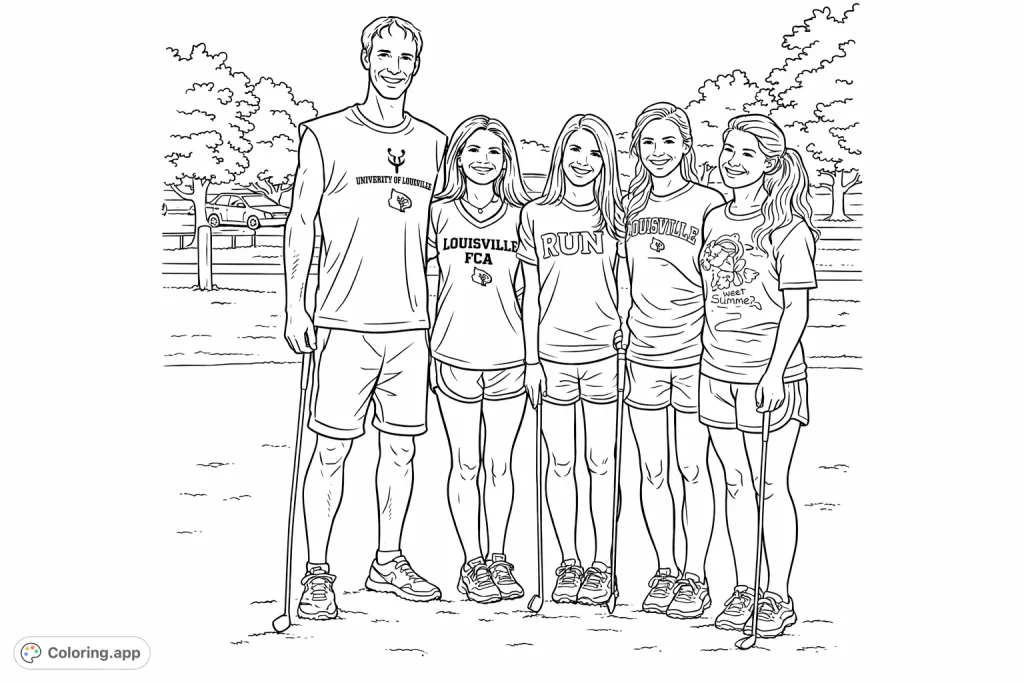 Capture a cheerful group on a golf course, ready for a fun day. Ideal for sports enthusiasts and family portraits.