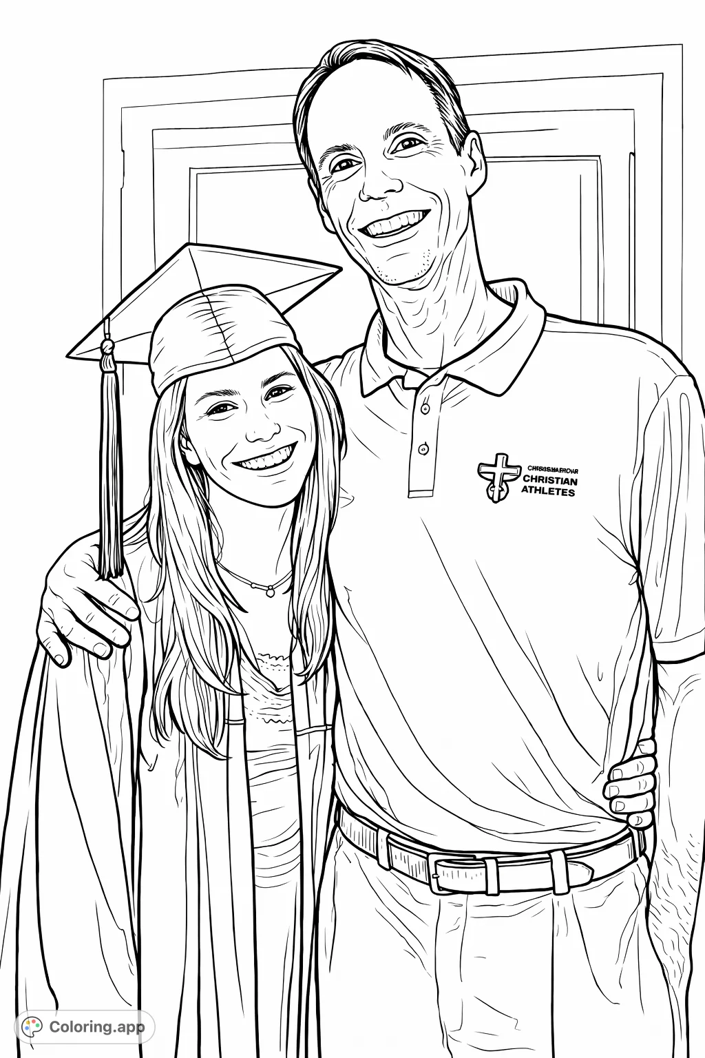 A heartwarming scene featuring a proud graduate in cap and gown embracing a supportive adult, both smiling, commemorating a significant milestone.