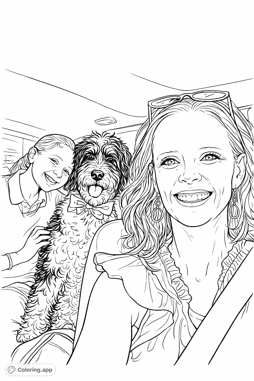 Capture a heartwarming moment of a happy family, including their beloved shaggy dog, enjoying a car ride. Perfect for celebrating family bonds and pet companionship.