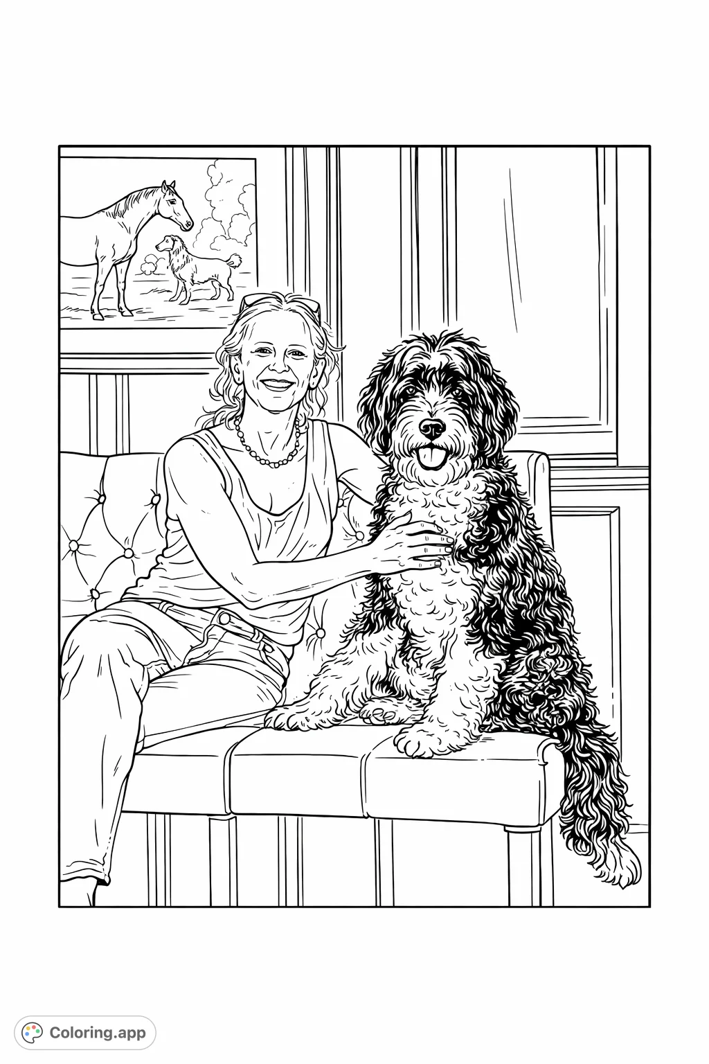 A heartwarming scene featuring a smiling woman and her cheerful shaggy dog sitting together on a tufted bench. Perfect for animal lovers.