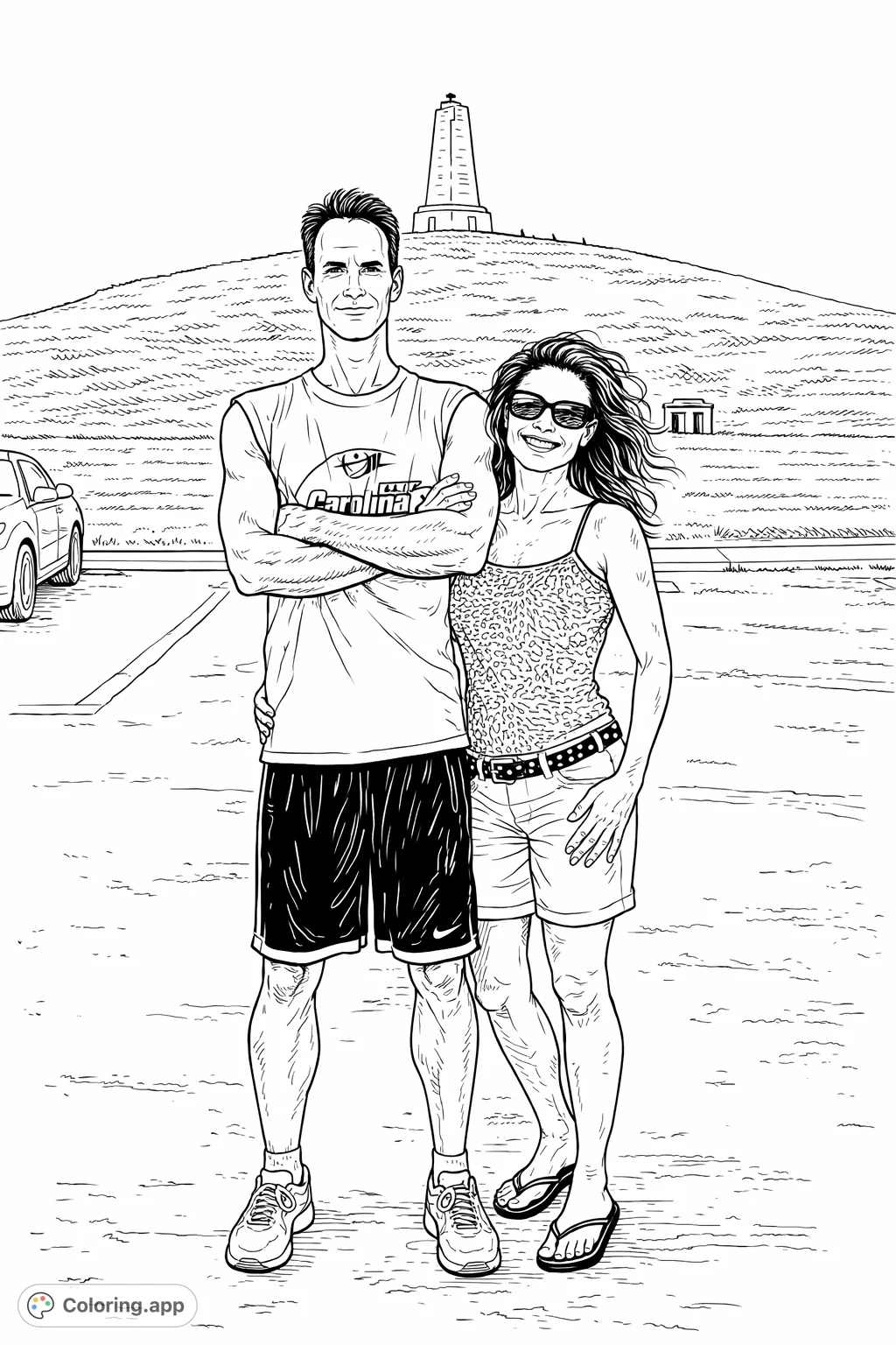 Color this scene of a happy couple standing before a historic monument atop a grassy hill. Perfect for travel memory enthusiasts!