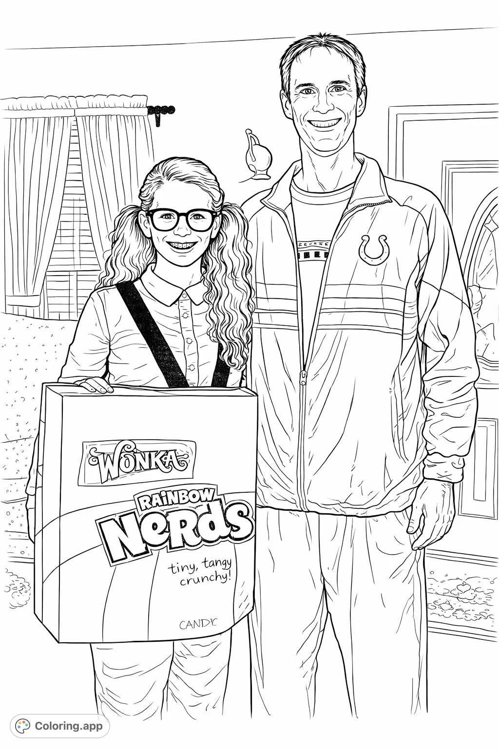 A fun coloring page featuring a girl in a large candy box costume with her adult companion. Perfect for celebrating creative outfits and playful moments.