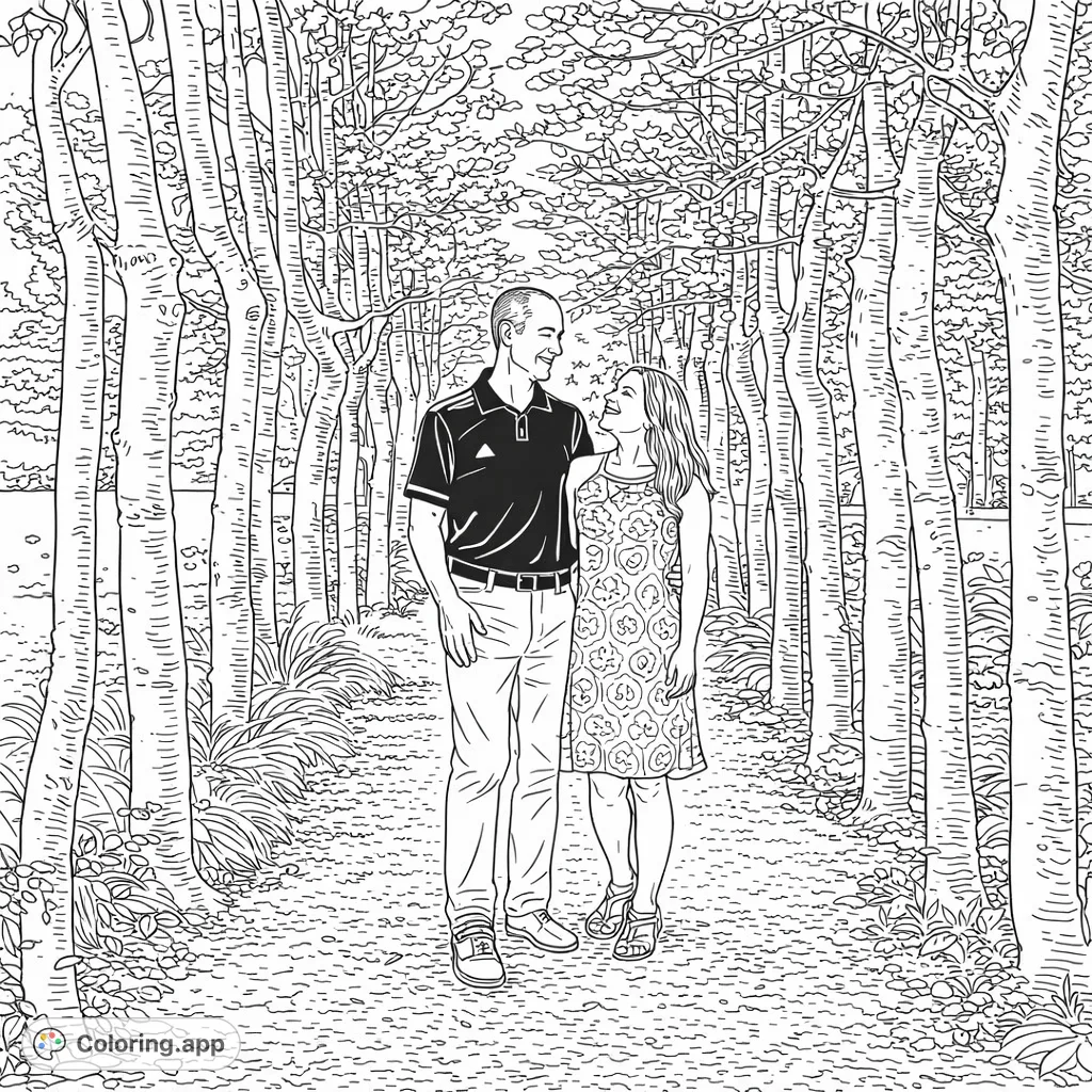 A couple shares an intimate moment in a picturesque tree-lined avenue, surrounded by natural beauty. Perfect for a serene coloring experience.