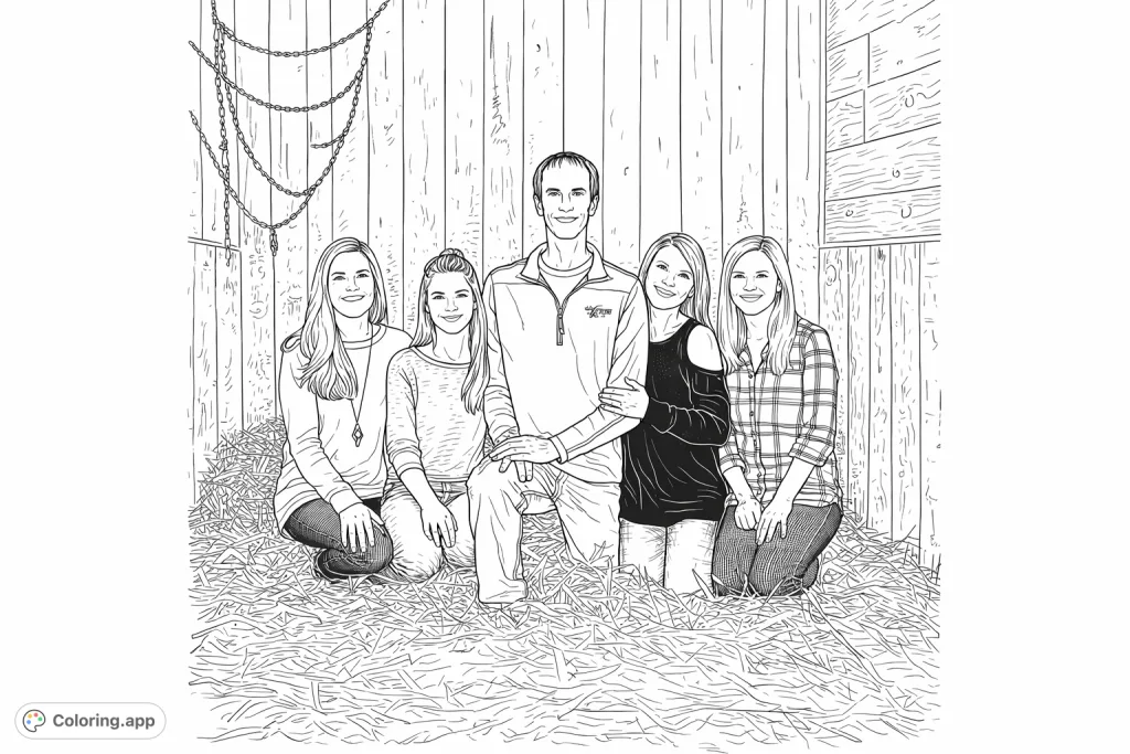Capture a heartwarming family moment in a rustic barn setting. This detailed coloring page features five individuals surrounded by textured hay and wooden walls.