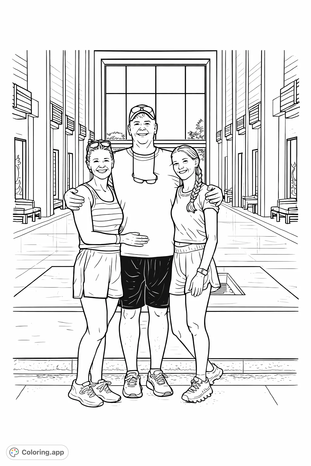 Capture a happy family in a grand architectural hallway. Personalize their outfits and the intricate background with your creative touch!