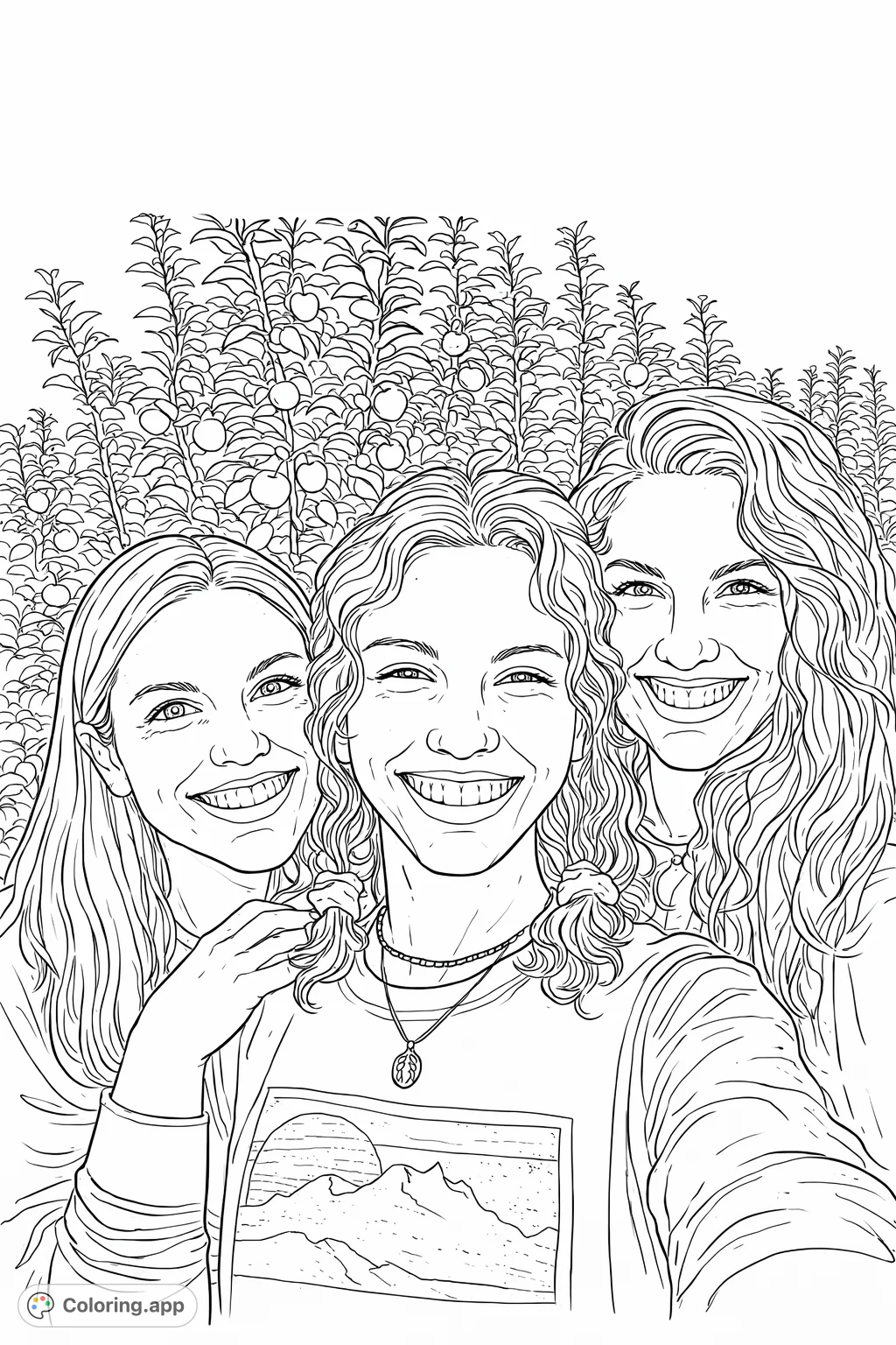 Three joyful friends share a close-up moment in an abundant fruit orchard. A delightful scene for expressive coloring, capturing warmth and nature.