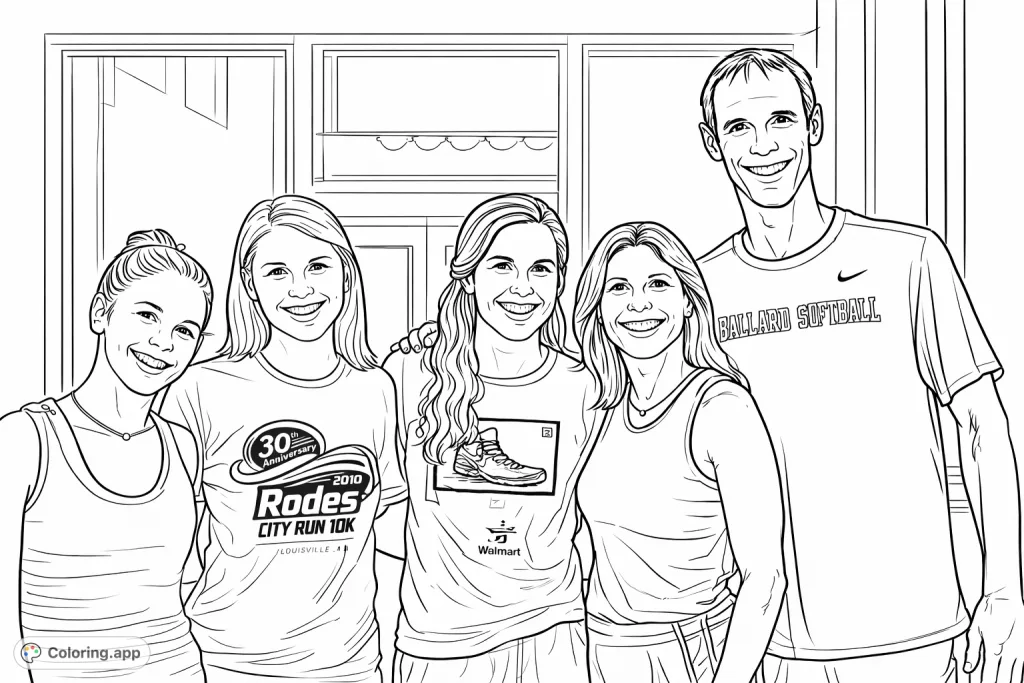 Capture a joyful moment with this group portrait featuring five smiling individuals. Personalize their outfits and the background with your favorite shades!