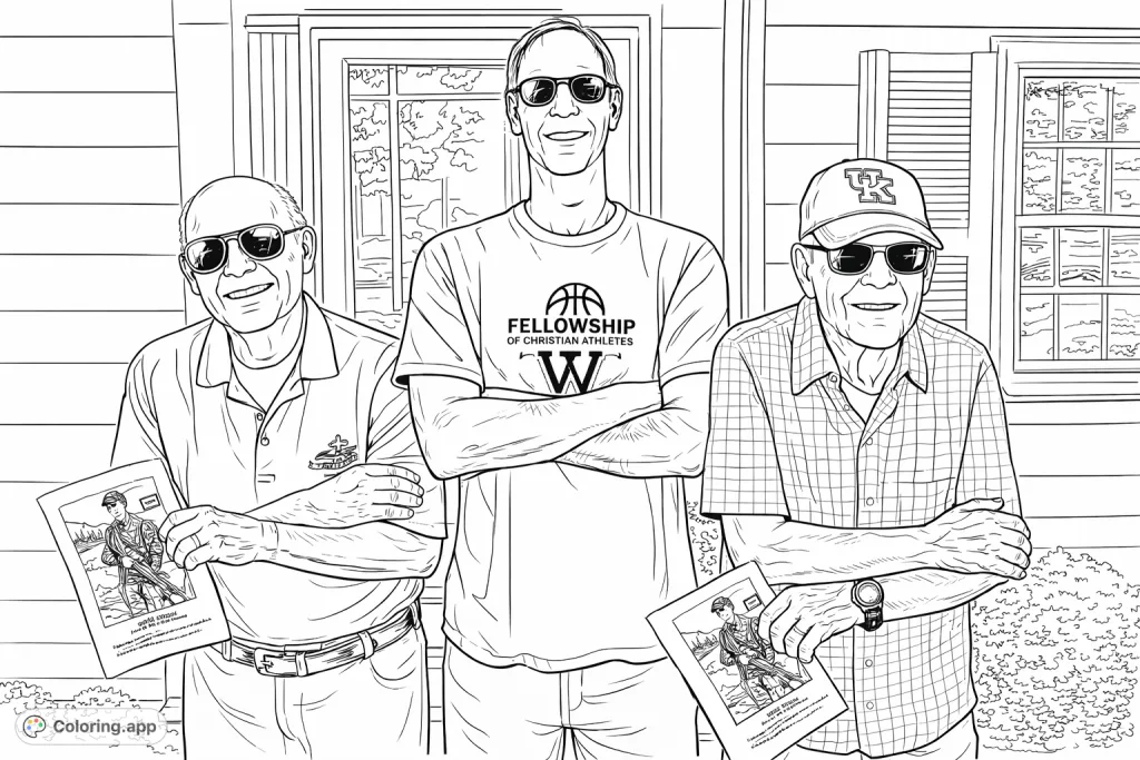 A heartwarming coloring page featuring three smiling men, two older and one middle-aged, standing in front of a house, perfect for family-themed fun.