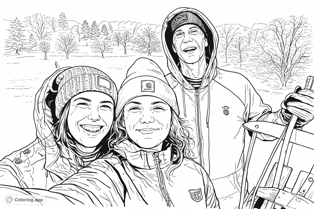 Capture a joyful winter scene with three smiling figures and a classic sled amidst falling snow and a treed landscape. Perfect for seasonal coloring.