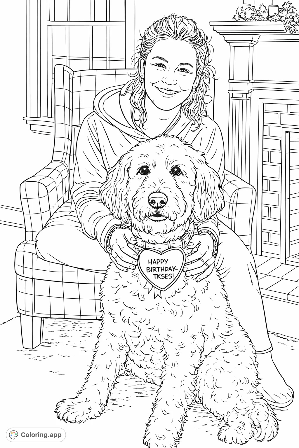 A heartwarming scene of a smiling woman embracing her fluffy dog, sitting comfortably in a cozy indoor setting. Perfect for animal lovers.