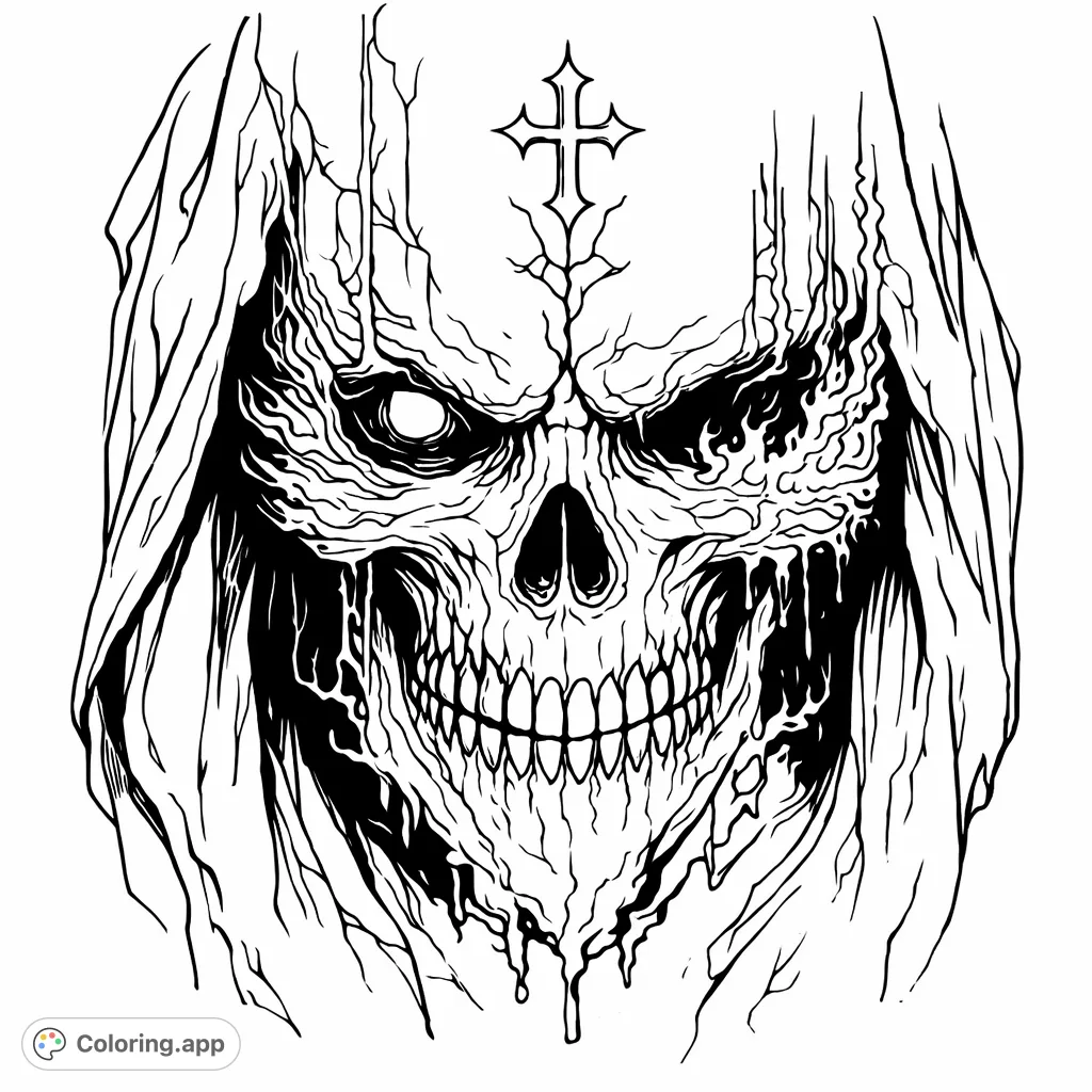 Dive into a dark fantasy with this intricate skull coloring page. Featuring a hooded figure and dynamic energy effects, perfect for experienced colorists.