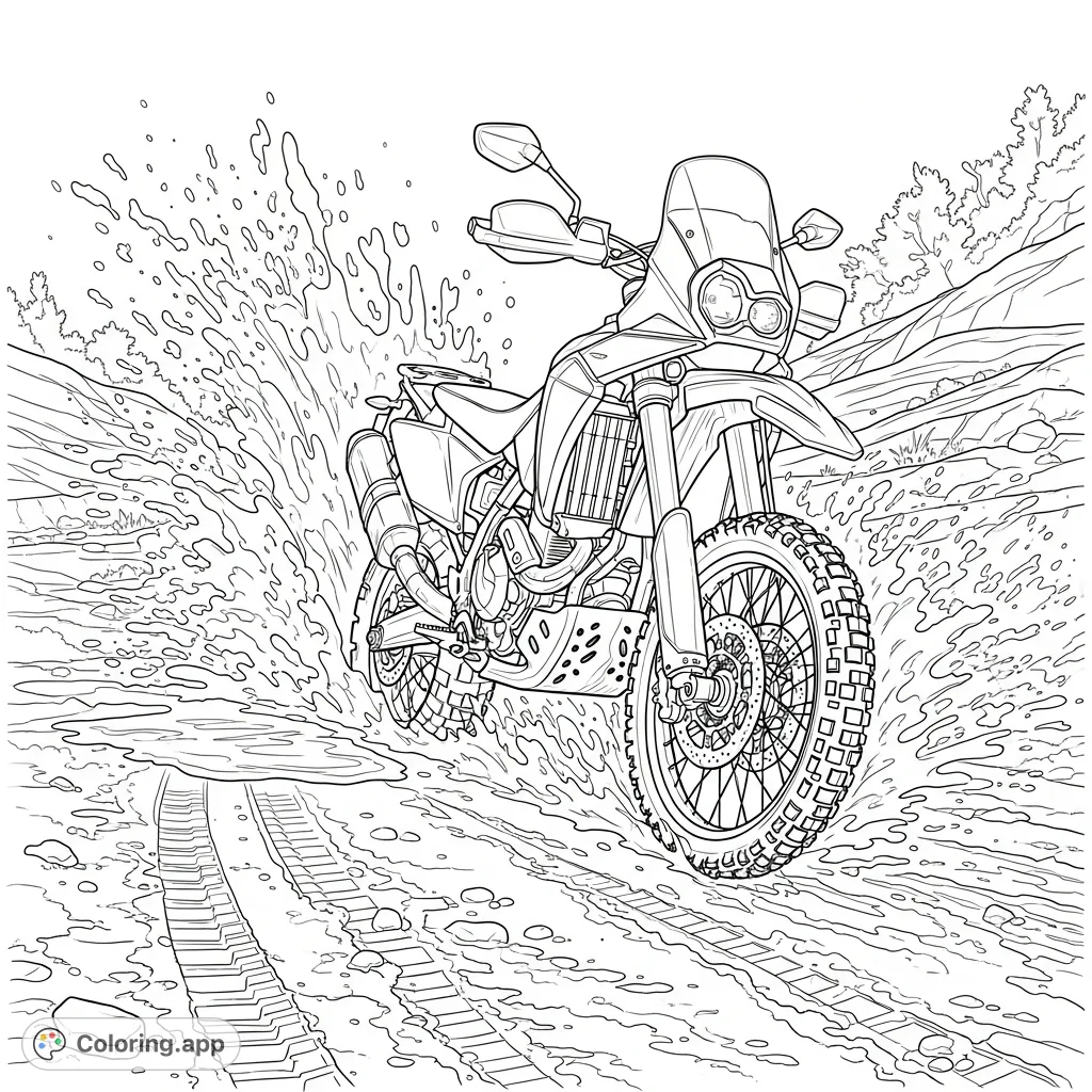 Experience the thrill of off-road adventure with this dynamic motorcycle coloring page. Featuring a rugged bike kicking up mud on challenging terrain.