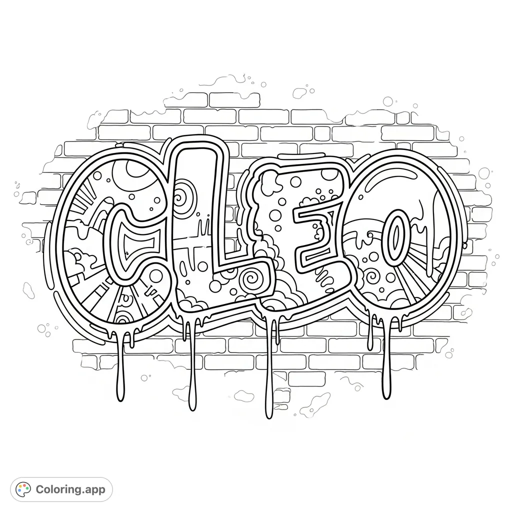 A bold graffiti-style 'Cleo' name coloring page on a distressed brick wall, featuring intricate patterns, drips, and a captivating glow. Perfect for all ages.