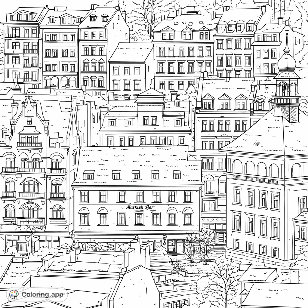 Explore a charming historic town coloring page, featuring multi-story European buildings with intricate architectural details and snow-covered roofs, perfect for detailed coloring.