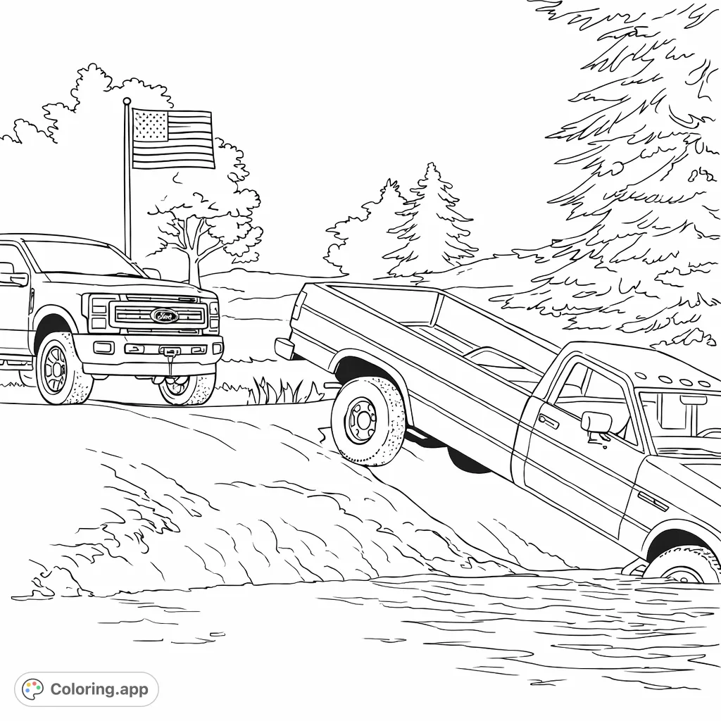 A powerful modern truck tows an older pickup from the water, showcasing an exciting off-road rescue scene with an American flag in the background.