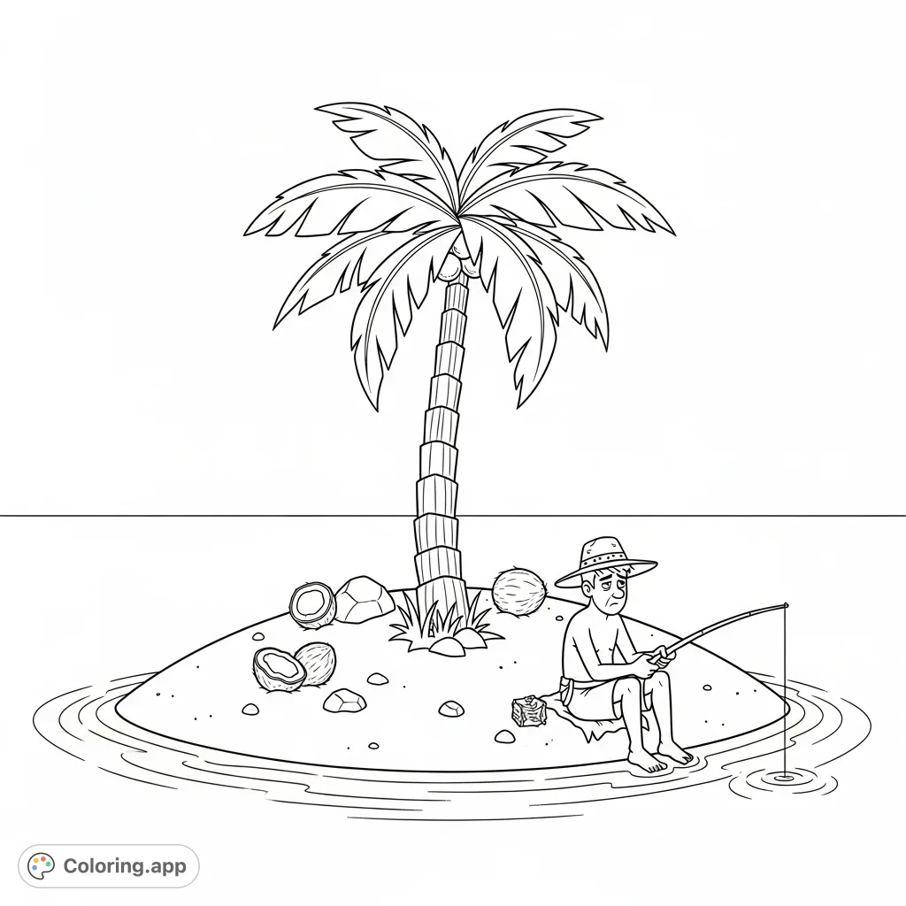 A classic scene featuring Johnny Castaway stranded on a tiny island with a single palm tree, surrounded by endless water, perfect for a relaxing coloring escape.