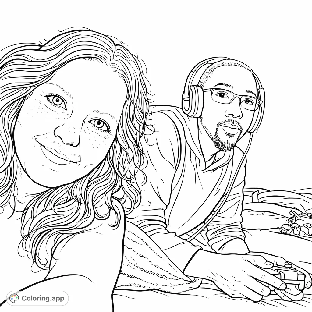 Capture a relaxed moment with this gaming duo coloring page. Features two individuals, headphones, and a controller for a relatable, modern scene.