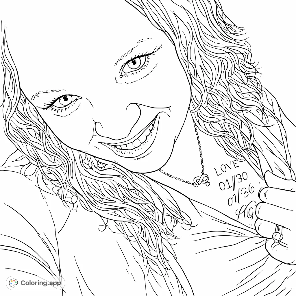 A detailed portrait of a smiling woman, featuring her expressive face, flowing hair, and delicate jewelry. Perfect for a relaxing coloring experience.