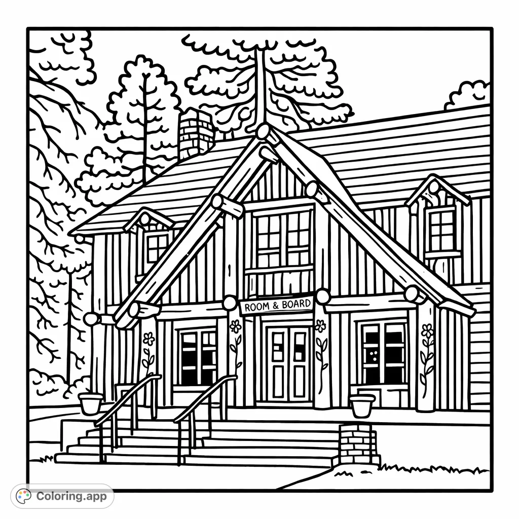 Explore a charming rustic forest lodge with a grand entrance and surrounding nature. This cartoony architectural scene is perfect for a relaxing coloring escape.