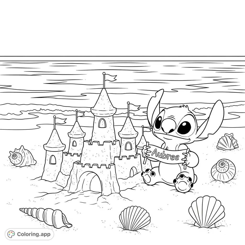A charming Stitch beach scene featuring Stitch proudly sitting next to his decorated sandcastle, surrounded by seashells, and holding a name banner. Perfect for kids!