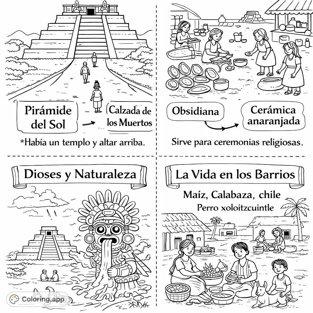 Explore ancient Mesoamerican life with four unique scenes: a grand pyramid, a bustling market, a powerful deity, and daily village activities.