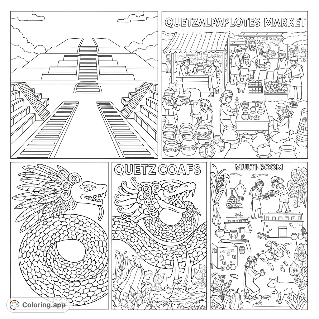 Explore the majestic ancient city of Teotihuacan with this detailed coloring page featuring monumental architecture, a vibrant market, the feathered serpent Quetzalcóatl, and daily life scenes.