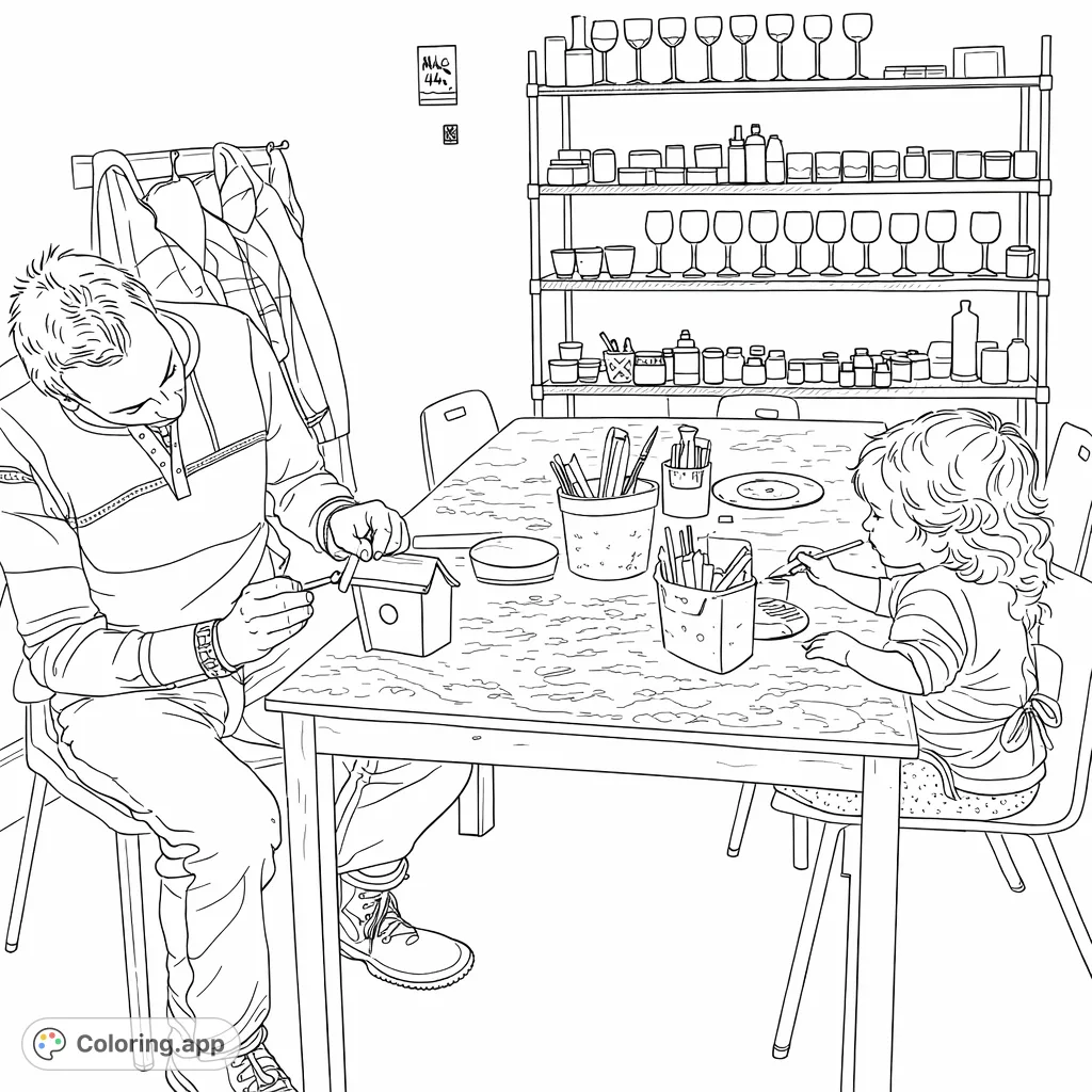 An adult and child share a creative moment in an art studio, building a birdhouse and painting a boat, surrounded by tools and supplies.