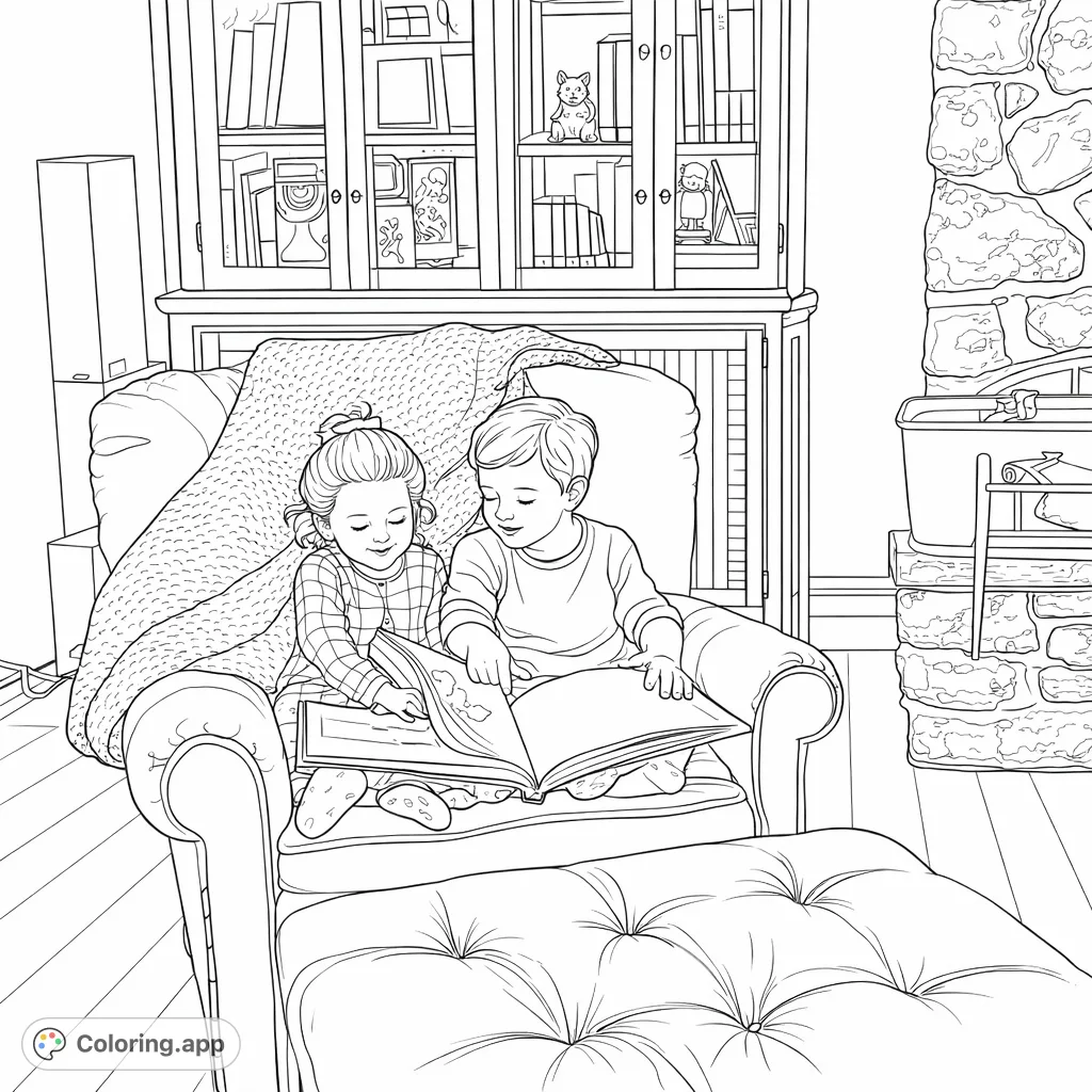 Two sweet children share a book on a cozy armchair, surrounded by household details like a bookcase and stone fireplace. A charming scene for gentle coloring.