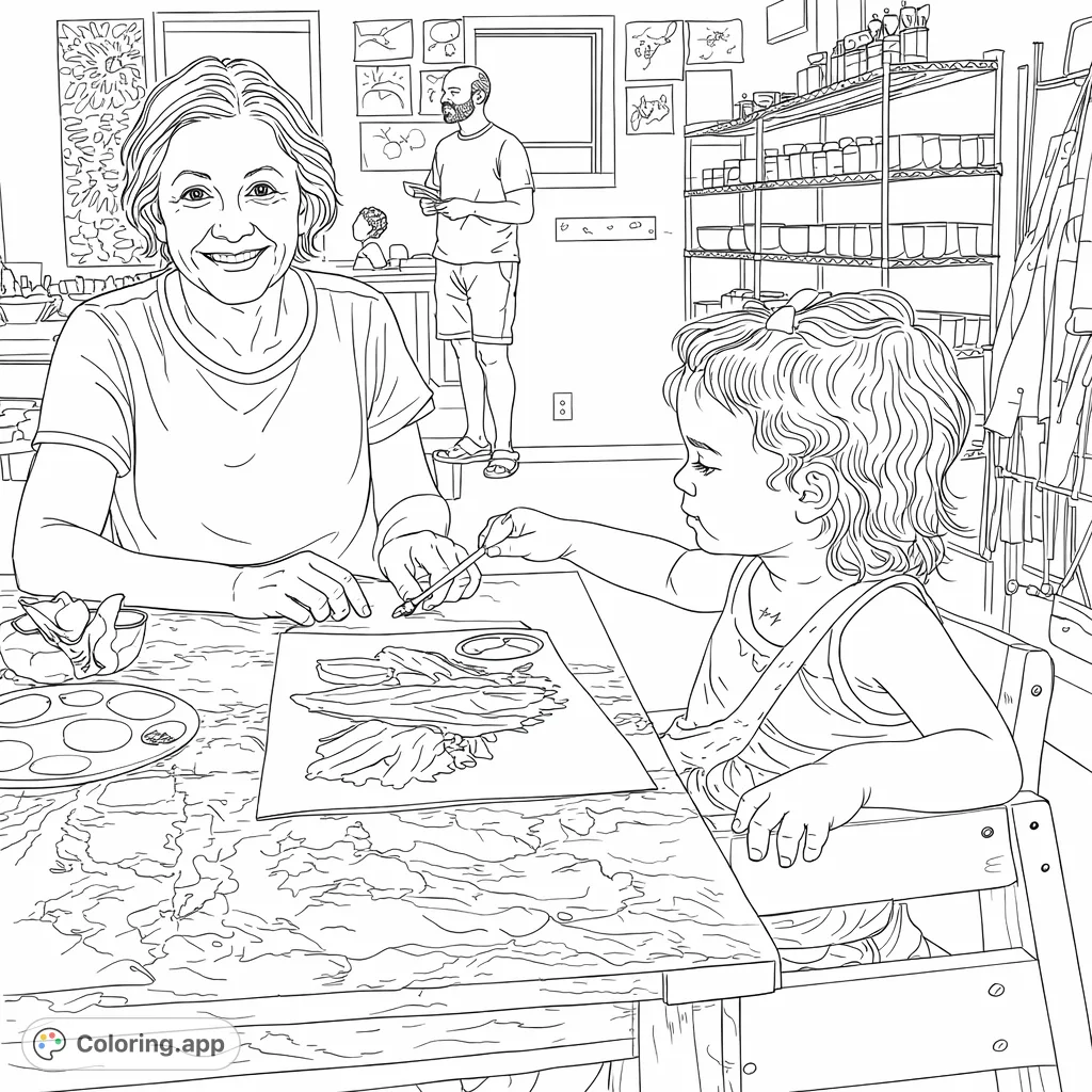 Engage with this detailed coloring page featuring an older woman and a child painting in a bustling art studio, perfect for creative minds.