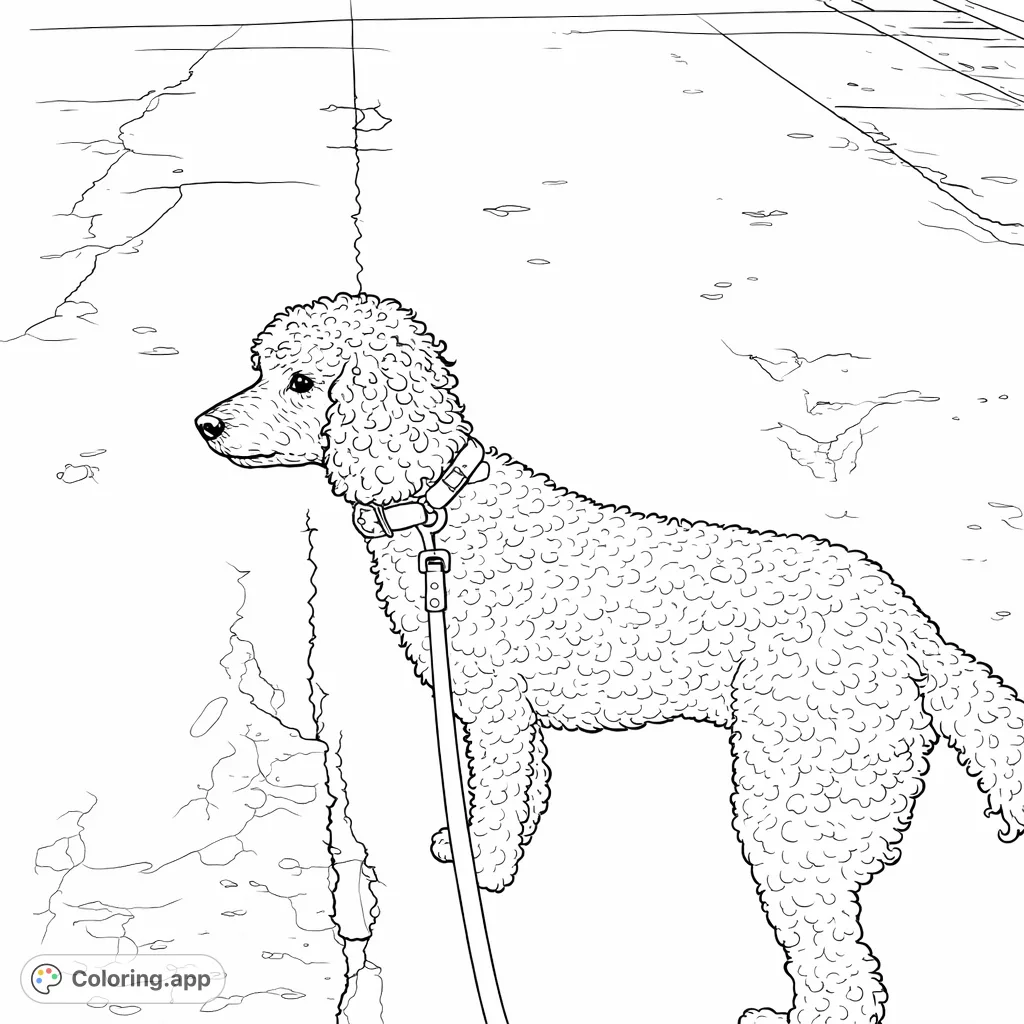 A charming curly-haired dog stands patiently on a textured paved surface, wearing a collar and leash. A delightful pet portrait, perfect for detailed coloring.