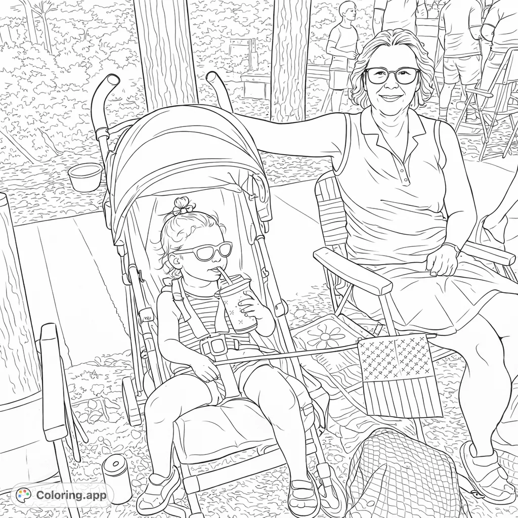 Capture a heartwarming family scene with a smiling woman and a child in a stroller. Perfect for celebrating family bonds and outdoor fun.
