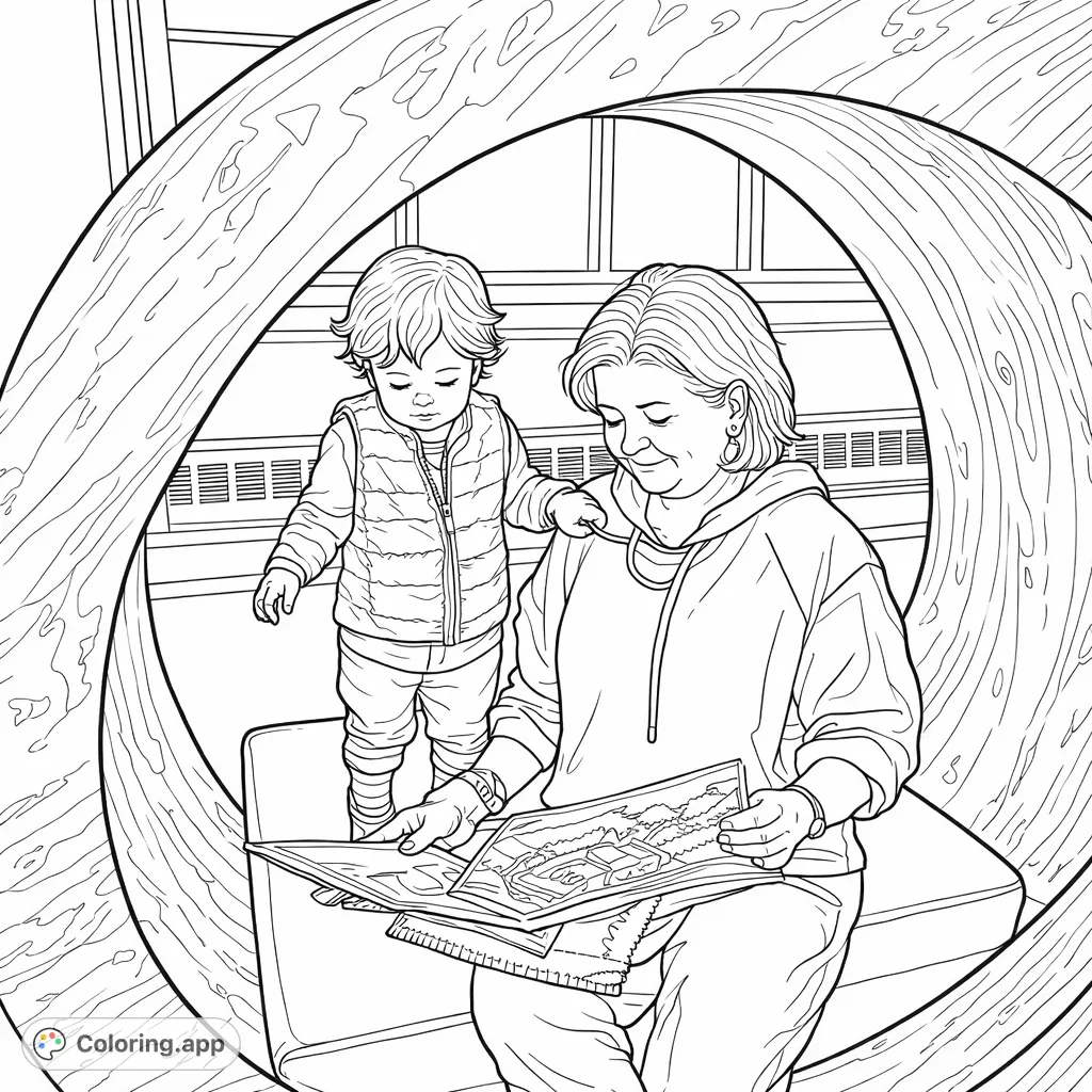 A heartwarming scene of an adult and child sharing a book, framed by a unique wooden arch. Perfect for family, reading, and quiet reflection.