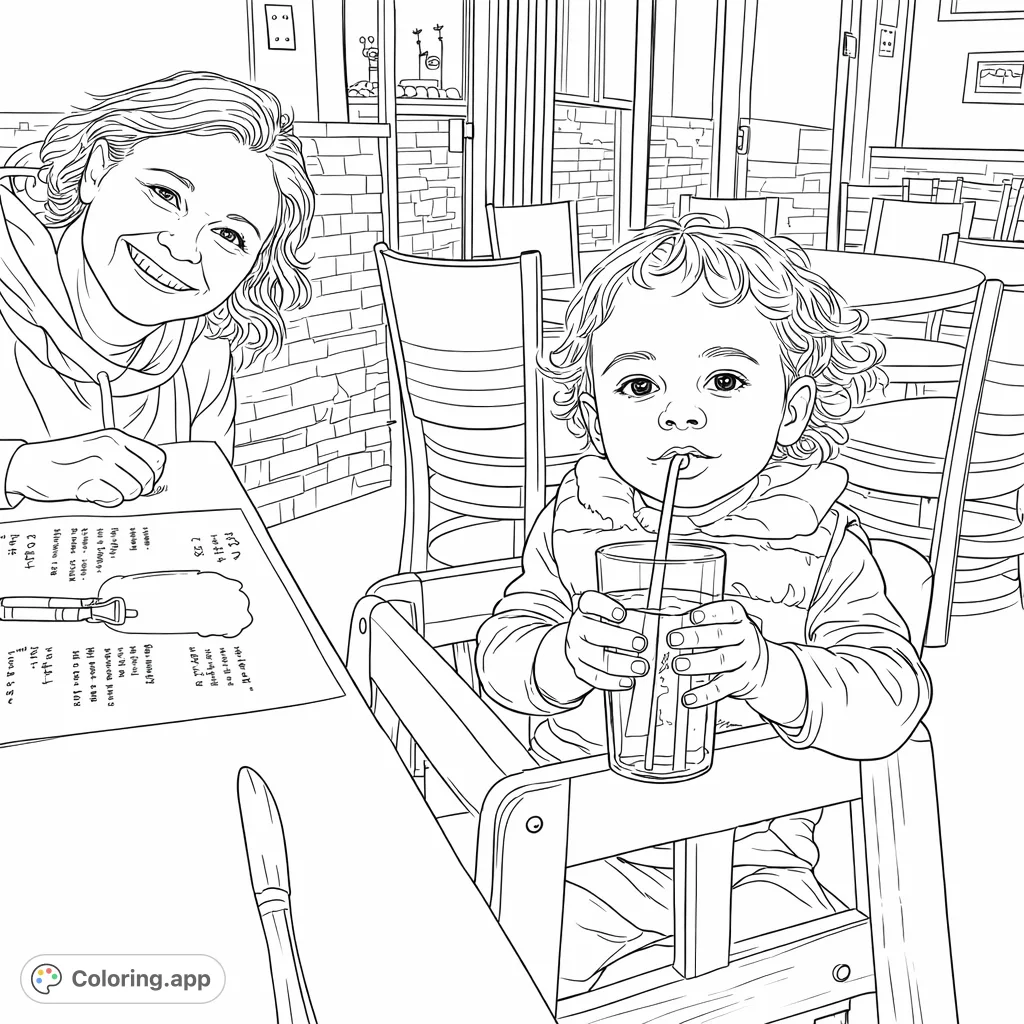 Capture a heartwarming family moment at a restaurant with an adult and child. A perfect free printable coloring page for all ages.