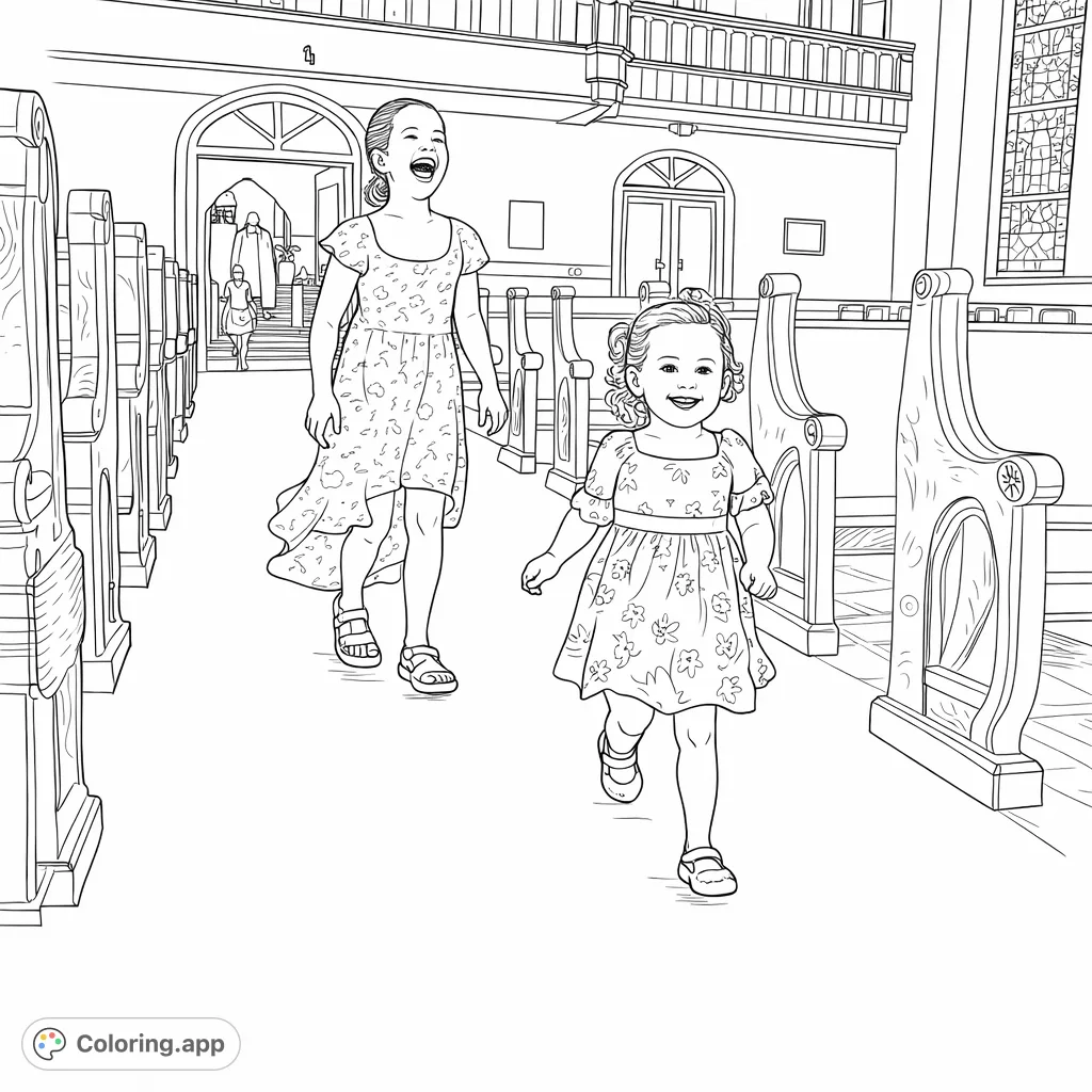 Two cheerful girls run down a grand aisle lined with ornate pews, intricate architecture, and a beautiful stained glass window, capturing a moment of pure joy.